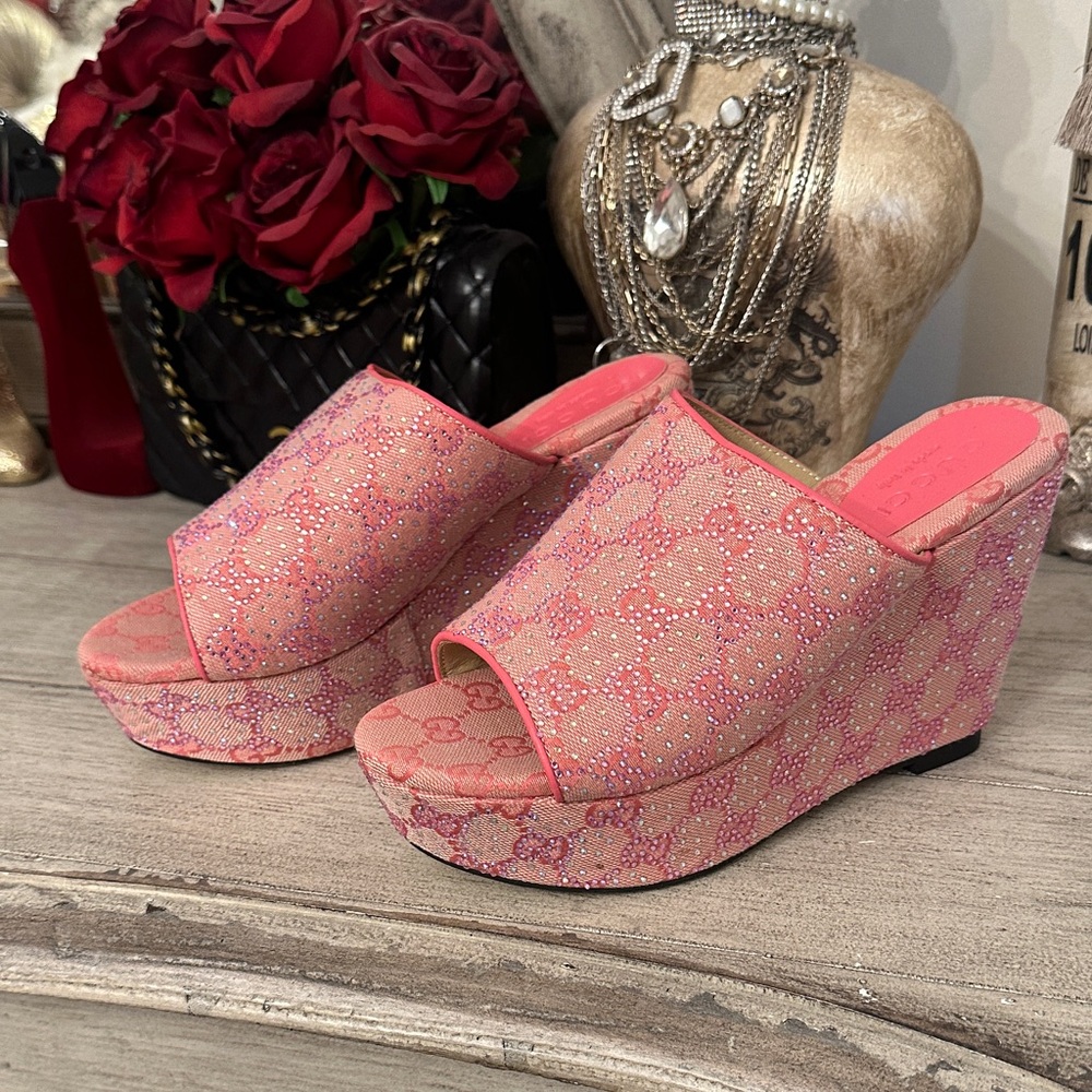 GG Collection Pink Rhinestone Embellished Platform Wedge Sandals